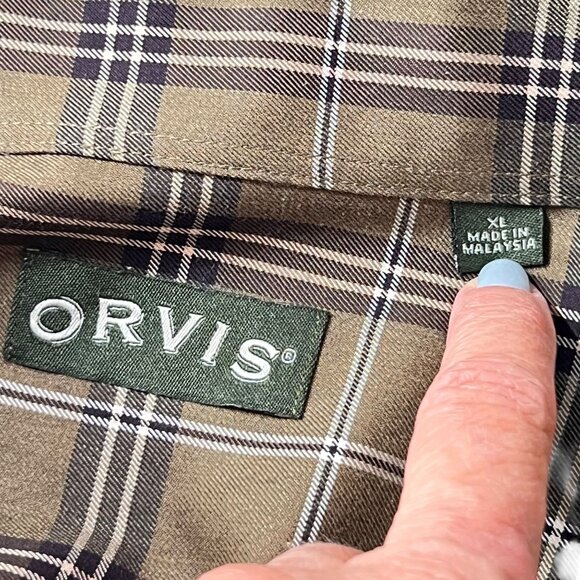 Orvis Mens XL Tan Plaid Button Down Shirt Cotton Collar Pocket Long Sleeve - Picture 4 of 12